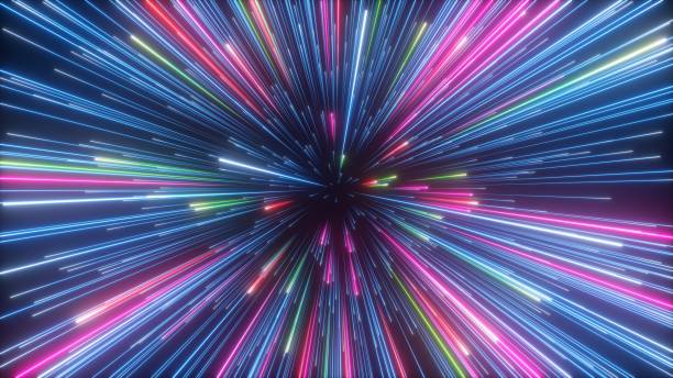 istock 3d rendering, abstract neon background with colorful firework, glowing lines and falling stars. Meteor shower 1439559729
