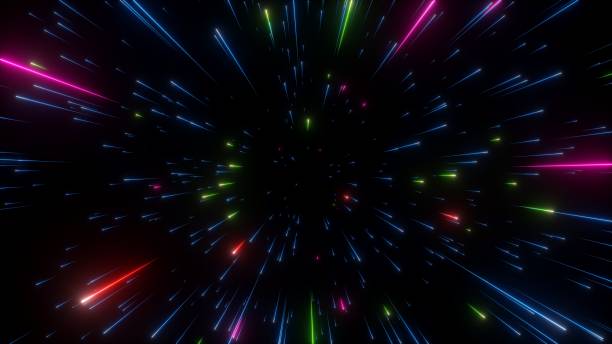 istock 3d render, abstract dark background with colorful bright neon stars and glowing lines. Space meteor shower. Festive fireworks 1439559746