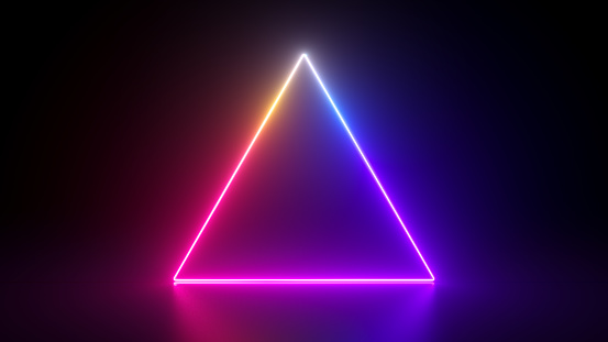 3d render, abstract geometric background with neon triangular frame glowing with gradient light in the dark. Modern showcase for product presentation