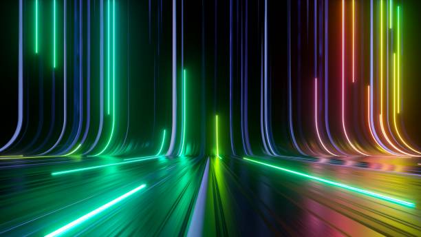 istock 3d render, abstract background with colorful neon lines. Modern wallpaper 1439559781
