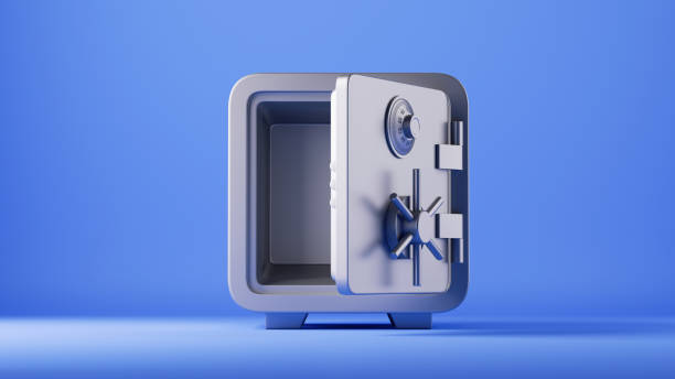 istock 3d render, empty bank depositary safe box, illustration isolated on blue background 1439559818
