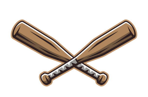 野球のロゴ、交差した木製バット。スポーツ用品。スポーツゲーム。エンブレム、バッジ。 - wooden bat点のイラスト素材／クリップアート素材／マンガ素材／アイコン素材