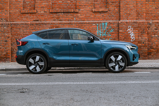 Berlin, Germany - 19th June, 2022: Electric SUV Volvo C40 Recharge on a street. This model is the second mass-produced electric car from Volvo.