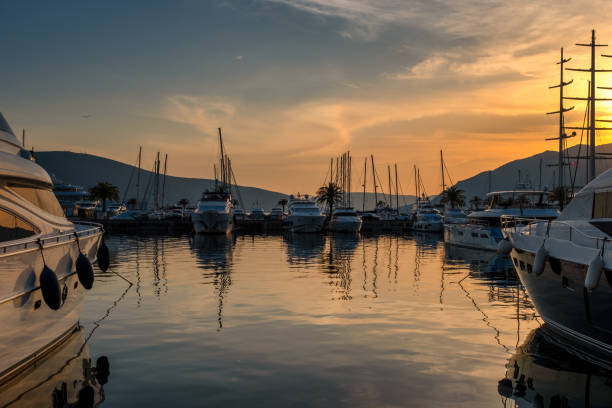 istock Moored yachts and motorboats at sunset 1439564492
