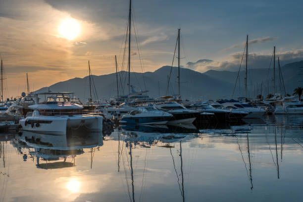 istock Moored yachts and motorboats at sunset 1439564755