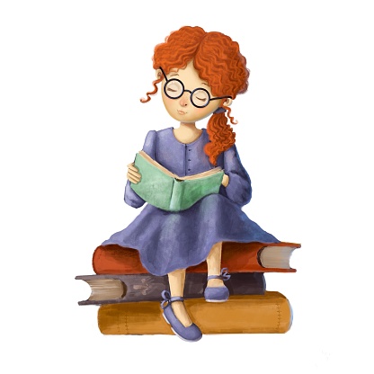 redhaired girl reading book watercolor style illustration, concept clipart good for card and print design