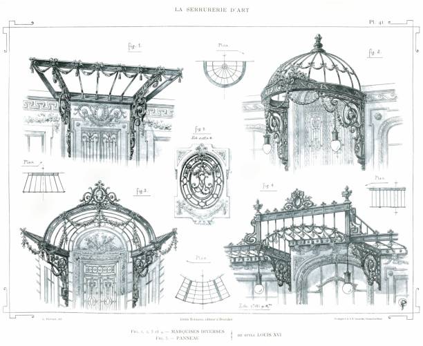 różne markizy, styl ludwika xvi i panel, styl ludwika xvi (5 wzorów), the ironwork art 1890. - marquises stock illustrations