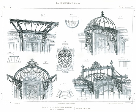 Artistic and brilliant compositions for ironwork like Grills, Glazed Doors, Balconies, Awnings, Winter Gardens, Bow-Windows, Bandstands, Panels etc. on Renaissance, Louis XIV, Louis XV and Louis XVI styles, from 16th to 18th century.