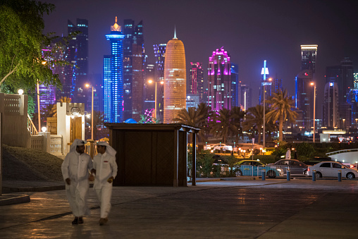 Doha, Qatar- December 23,2020 : Night view of Skyline, Doha's Financial District (West Bay).