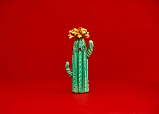 istock Fun cactus wearing eyeglasses with a gold bow for hair. Red background with space for text 1439572183