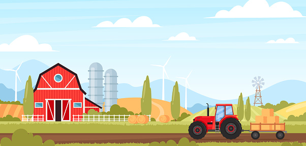 Agriculture and farming. Vector rural landscape with farm, windmill, field, hills, trees, tractor. Autumn fall fields farming illustration. Eco summer village concept. Alternative energy resource