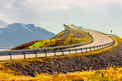 Atlantic road in Norway on sunny day. storseisundet bridge. Beautiful north nature. Scandinavia. Norwegian sea
