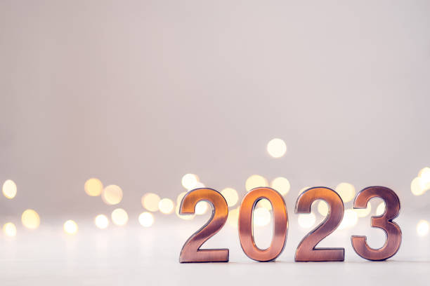 istock Metal numbers 2023 on table with bokeh lights. 1439581566