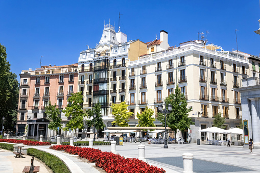 Madrid, Spain - July 10, 2022: The Plaza de Oriente is a square in the historic center of Madrid, Spain. Rectangular in shape and monumental in character, it was designed in 1844 by Narciso Pascual y Colomer.