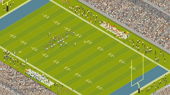 This extremely detailed overhead scene of an American Football game includes hundreds of people in the stands, on the sidelines, and playing on the field. A team in red uniforms faces a team in blue uniforms, while officials watch closely. Extra teammates gather at benches, while cheerleaders, coaches, security staff, photographers, videographers, media, and others line the edges of the field. Fans fill the stadium seats, framing the illustration. Note that no specific people, places, teams, or organizations are represented in this drawing. Vector illustration is presented in isometric view.
