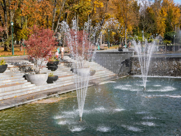istock Fountains in Kharkiv city with red autumn trees 1439585191