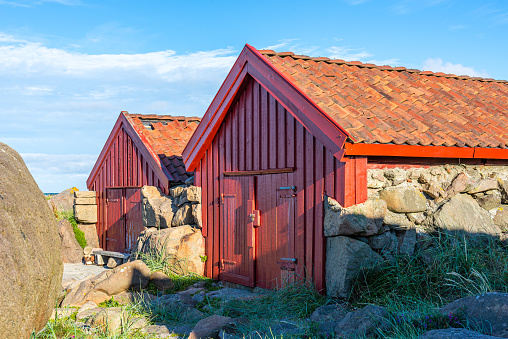Viking's village. Wooden houses near Vestrahorn mountains on the Stokksnes Peninsula, Hofn, Iceland