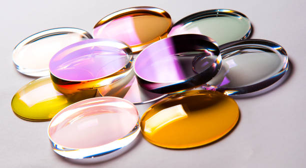 Spectacle lenses with anti-reflective and photochromic coating. stock photo
