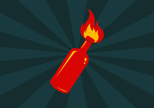 ilustrações, clipart, desenhos animados e ícones de ícone vetorial do coquetel molotov em fundo vintage. ilustração vetorial de garrafa no fogo. protesto. - símbolo da anarquia ilustrações