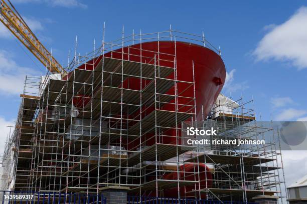 Shipbuilding And Crane During Ferry Construction Surrounded By Scaffold Stock Photo - Download Image Now