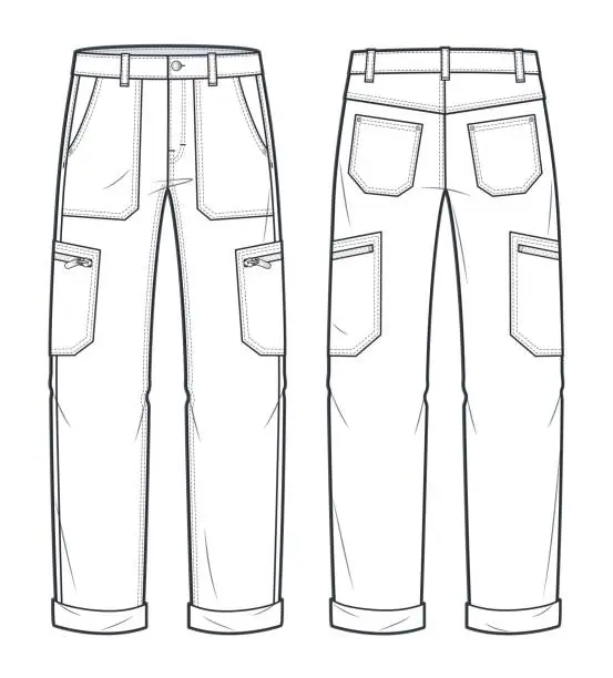 Vector illustration of Cargo Pants technical fashion Illustration. Jeans Pants fashion flat technical drawing template, pockets, front and back view, white, women, men, unisex CAD mockup.