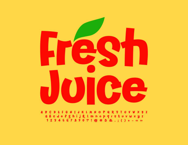 ilustraciones, imágenes clip art, dibujos animados e iconos de stock de logotipo creativo vectorial fresh juice. conjunto de letras y números del alfabeto moderno - juicy