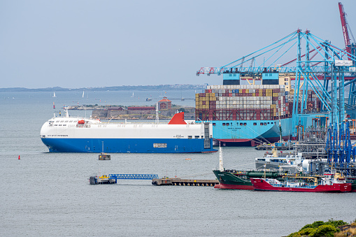Gothenburg, Sweden - July 24 2022: Vehicle carrier MV City of St. Petersburg arriving port of Gothenburg