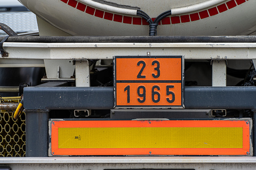 Gothenburg, Sweden - July 24 2022: ADR plate on a Litra gas tanker trailer indicating that it is carrying 1965 hydrocarbon gas mixture