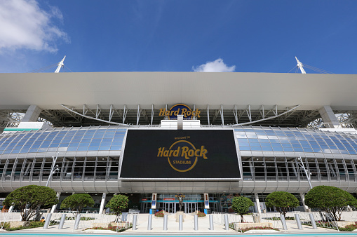 Miami Gardens, Florida, USA - November 3, 2022: Hard Rock Stadium in Miami Gardens, Florida. Hard Rock Stadium is a multi-purpose stadium--and home to the Miami Dolphins of the NFL--located in Miami Gardens, Florida.