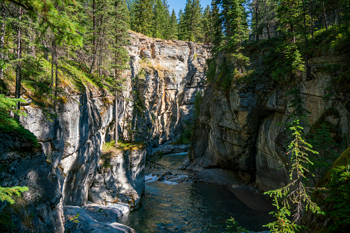 River flowing though Maligne Canyon. Jasper National Park, Alberta, Canada. The photo was taken in the summer.