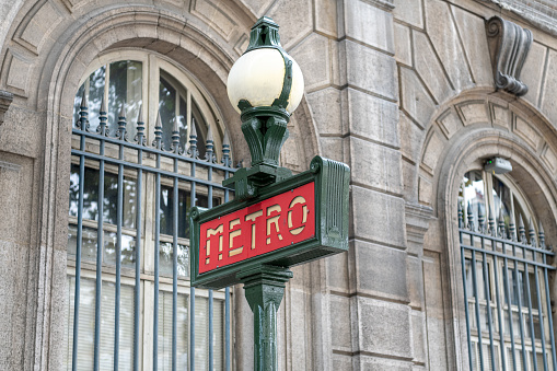 Traditional Paris Val d’Osne Art Nouveau Metropolitan Railway sign , Paris, France
