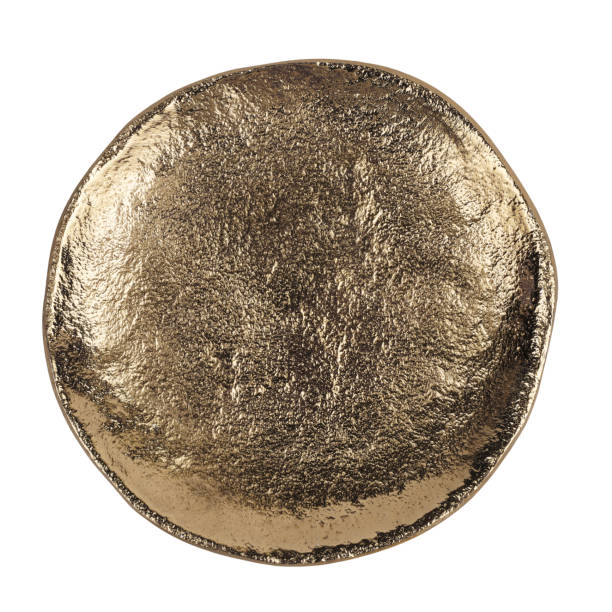 istock Golden round coin disc isolated on white background. Old aged textured gold surface blank. Treasure item concept 1439604026