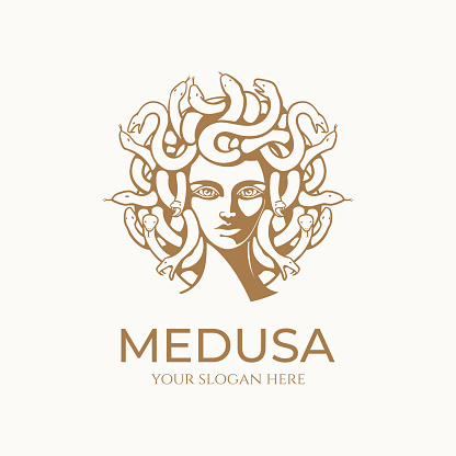 Medusa gorgon logo. Head of a woman with snakes. Protective amulet. Logo for different directions.