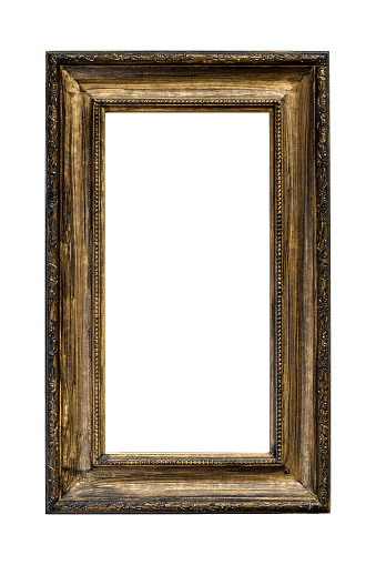 Golden wooden rectangular picture frame isolated cutout on white background
