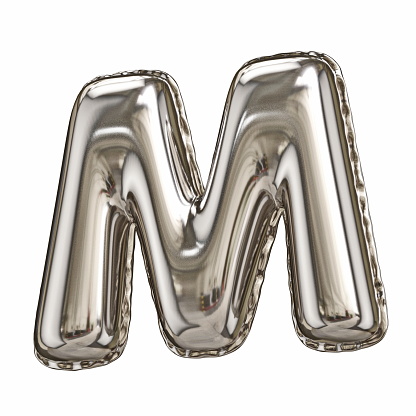 Silver foil balloon font letter M 3D rendering illustration isolated on white background
