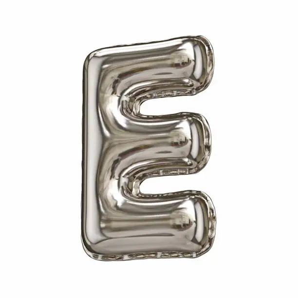 Silver foil balloon font letter E 3D rendering illustration isolated on white background
