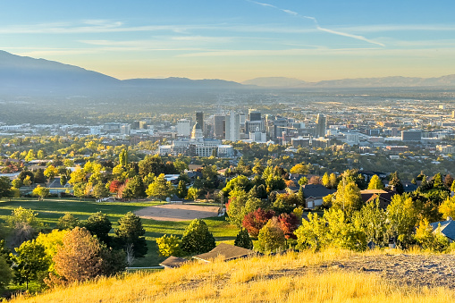 Salt Lake City view from Ensign Peak on October morning