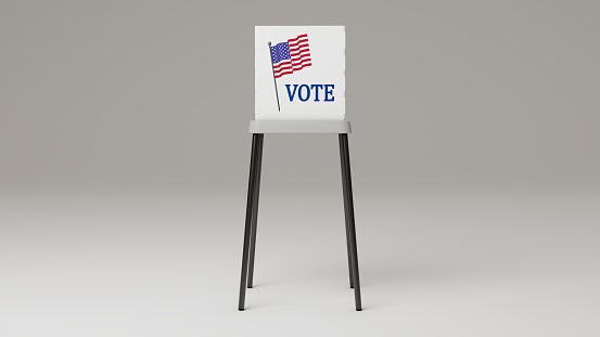 3d rendering of American voting booth with design of United States of America flag and written \