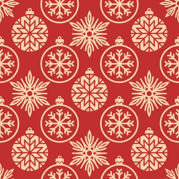 Vector illustration of Small beige Christmas balls and snowflakes isolated on red background. Cute monochrome festive seamless pattern. Vector simple flat graphic illustration. Texture.