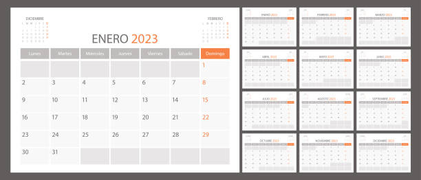 Spanish calendar planner 2023 vector, schedule month calender, organizer template. Week starts on Monday. Business personal page. Modern illustration Spanish calendar planner 2023 vector, schedule month calender, organizer template. Week starts on Monday. Business personal page. Modern simple illustration january in spanish stock illustrations