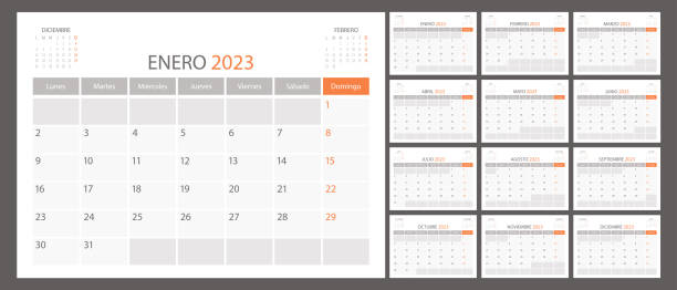 spanish calendar planner 2023 vector, schedule month calender, organizer template. week starts on monday. business personal page. modern illustration - 西班牙語 幅插畫檔、美工圖案、卡通及圖標