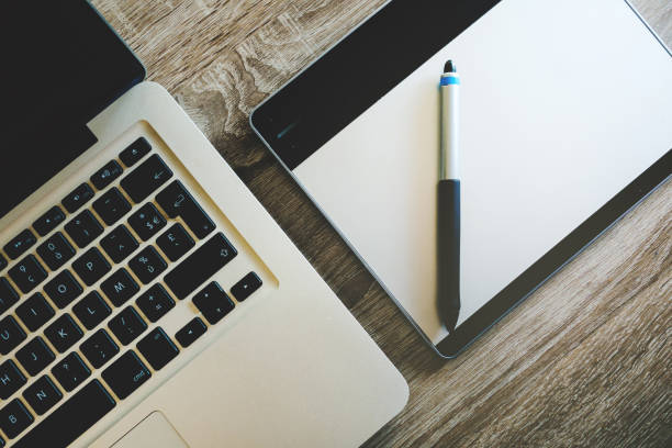 high angle view of a designer desk - freelance and working from home