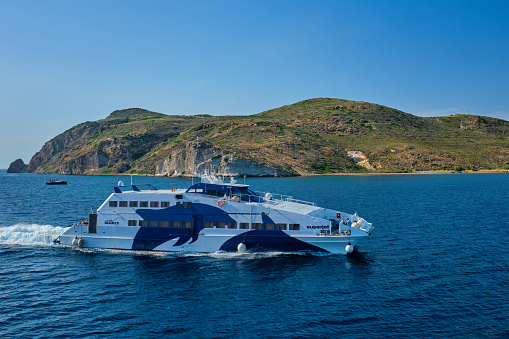 Milos, Greece - May 26, 2019: Superjet high speed ferry of Seajets a Greek Cypriot ferry company in Aegean Sea