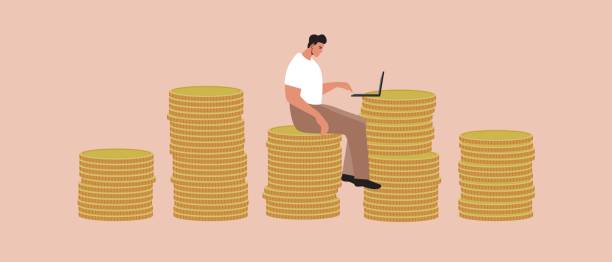 istock Graphics from coins and freelancer with laptop, flat vector stock illustration as concept of risk management 1439625803