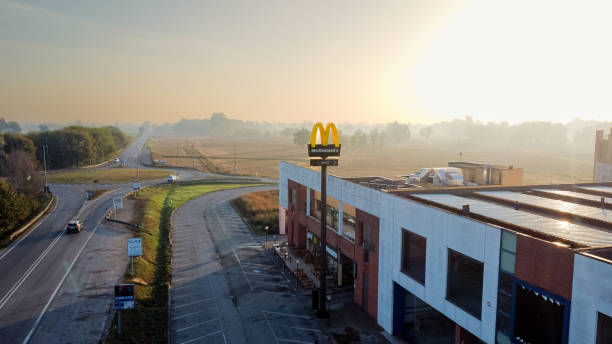 vue aérienne d’un restaurant mac donald et du grand panneau près de la route. - mcdonalds french fries branding sign photos et images de collection