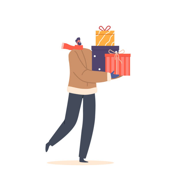 istock Happy Man with Christmas Giftboxes, Male Character Holding Presents for Winter Holidays, Festive Event Celebration 1439626764