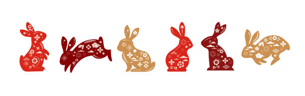 토끼, 토끼 삽화의 컬렉션입니다. 토끼의 구정 2023년 - 전통 중국 조디악 기호, 삽화, 예술 요소 세트. 설날 개념, 현대적인 디자인 - lunar year stock illustrations