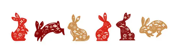 Vector illustration of Collection of rabbits, bunnies illustrations. Chinese new year 2023 year of the rabbit - set of traditional Chinese zodiac symbol, illustrations, art elements. Lunar new year concept, modern design