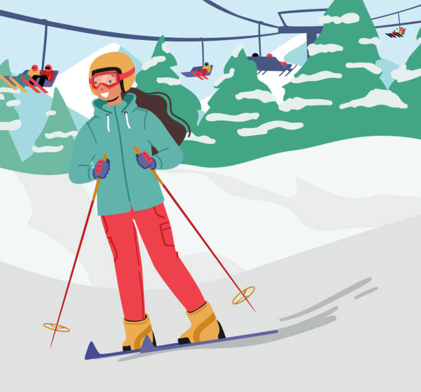 Teen Girl Skiing Wearing Warm Sportive Costume and Goggles Riding Skis at Mountain Slope with Funicular Teen Girl Skiing Wearing Warm Sportive Costume and Goggles Riding Skis at Mountain Slope with Funicular. Child Active Spare Time, Winter Sports, Outdoors Leisure, Fun. Cartoon Vector Illustration kids snow suits stock illustrations