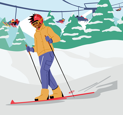 Teen Boy Skiing at Mountain Resort. Child Wearing Warm Sportive Costume, Helmet and Goggles Going Downhill by Ski Piste. Winter Sports, Outdoors Leisure, Active Spare Time. Cartoon Vector Illustration
